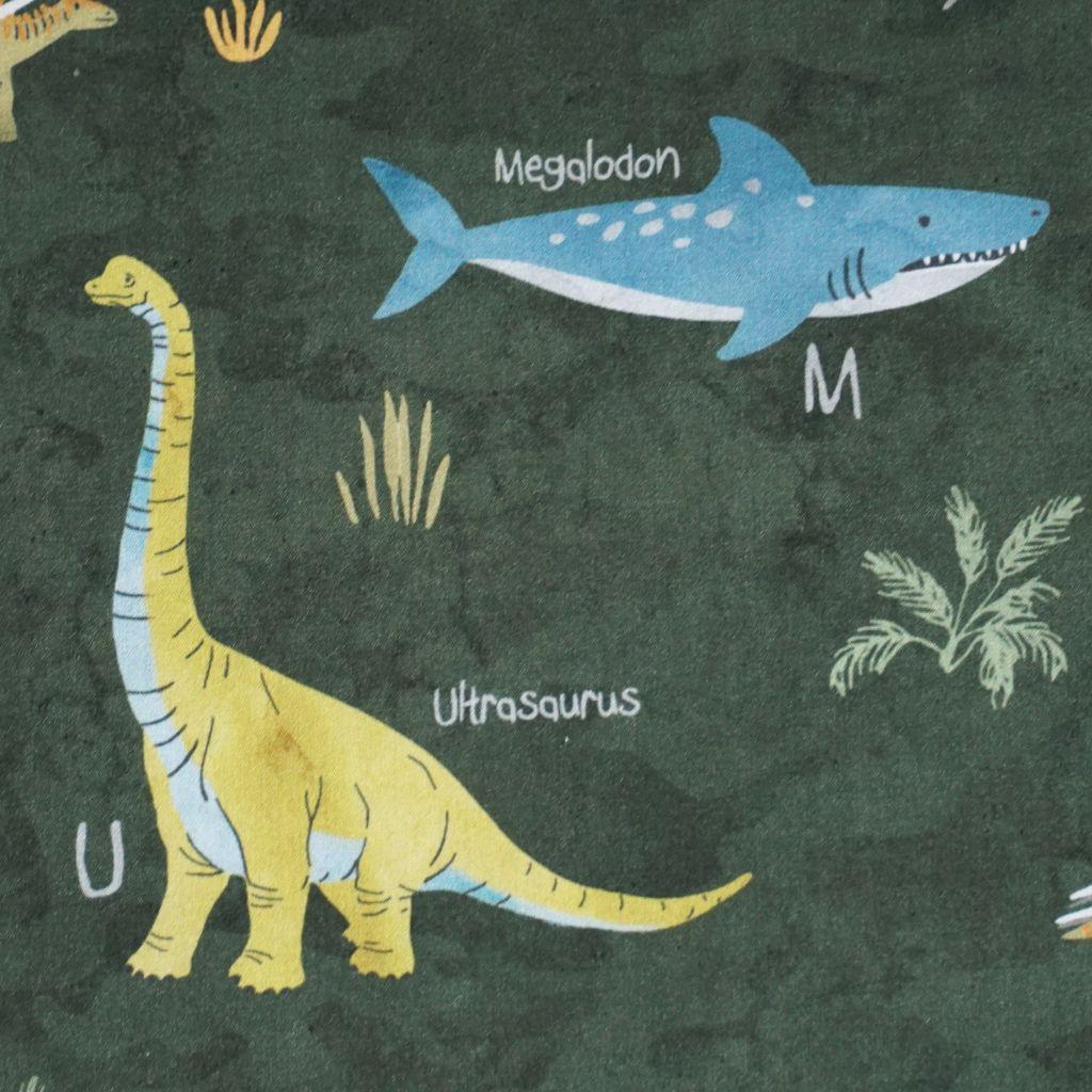 Baumwollstoff Motivdruck Dinosauerierarten auf grün